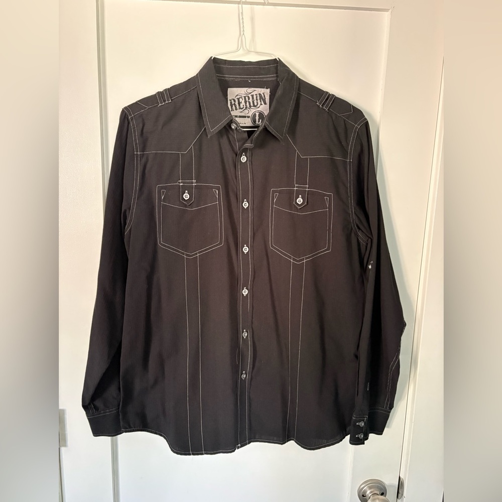 Men’s Black Button-Up Shirt with Contrast Stitching